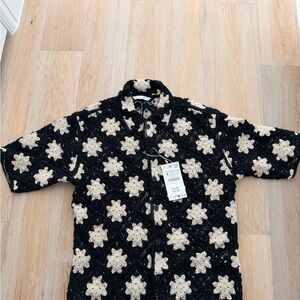 Zara Black and Cream Crochet Button-Up Shirt